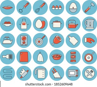 Thin line blue tinted icon set - saucepan flat vector, teflon, meashuring cup, teapot, electric kettle, apron, potholder, whisk, kitchen egg timer, towel, knives, rolling pin, meat hammer, microwave