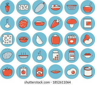Thin line blue tinted icon set - colander flat vector, flour, mushroom, potato, tomato, legumes, onion, carrot, cheese, spaghetti, salad, soup, porridge, garlic, cucumber, French fries, jam, diet
