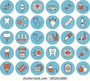 Thin line blue tinted icon set - graphic report flat vector, molecules, pill packaging, vial, blood transfusion, thermometer, pipette, syringe, computer diagnostics of health, stethoscope, headache