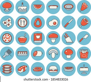 Thin-line-blaue, getönte Ikonenset - Messer mit flacher Vektorgrafik, Kochbuch, Gewürz, Tischanordnung, Teller, Chop, Wurst, Wassermelone, Spaghetti auf einer Gabel, Hamburger, hot dog, Pizza, Pilz, Kuchen, Gericht, Bratsche