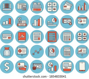 Thin line blue tinted icon set - calculator flat vector, chart, cash, credit card, dollar, wealth, statistics, scatter, book balance accounting, machine, statistic, abacus, presentaition board