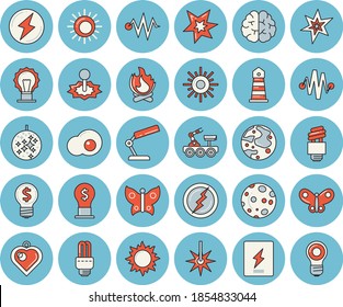 Juego de íconos de tintado azul de línea delgada - caja de cambios vector plano, huevos revueltos, sol, mariposas, hoguera, láser, faro, idea, lámpara de lectura, luna, fector de ahorro de energía, chispa, rayo, resplandor lunar