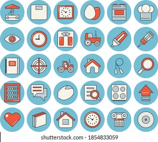 Thin line blue tinted icon set - house flat vector, cook hat, electric stove, lemon, egg, well, tractor, magnifier, marker, clock, chat, syringe, abacus, sticker, target, notebook, weighing machine