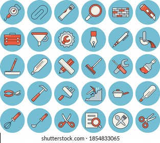 Thin line blue tinted icon set - brick wall flat vector, tool, bag, paint brush, roller, level meter, measure, repair, stationery knife, hammer, saute, spring balance, ladle, whisk, scissors, rake