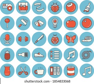 Thin line blue tinted icon set - color scheme flat vector, paint roller, scissors, jugful, canned food, spaghetti on a fork, lollipop, tomato, whiskey, pineapple, ladybird, hose, brush, butterflies