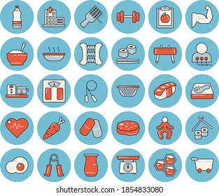 Thin line blue tinted icon set - weighing machine flat vector, colander, food processor, jugful, spaghetti on a fork, soup, porridge, cutlet, fish rolls, sashimi, scrambled eggs, honeycomb, carrot