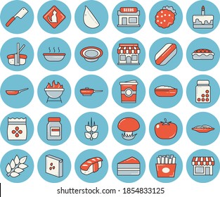 Thin line blue tinted icon set - frying pan flat vector, knives, barbecue, groats, tomato, spaghetti, hot dog, piece of cake, dish, soup, porridge, pie, garlic, French fries, sashimi, coffe, ear