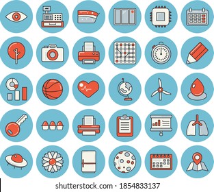 Thin line blue tinted icon set - window flat vector, fridge, egg, piece of cake, tree, flower, windmill, drop, motherboard, statistics, calendar, cash machine, clipboard, lungs, printer, pencil, ufo