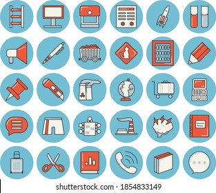 Dünnlinenblaue, getönte Ikonenset - Papiermesser, flache Vektorgrafik, Schere, Leiter, Fabrik, Bergbau, Plakatwand, Telefonanschluss, Buchbilanz, Ziehstift, Abacus, Aufkleber, Treffen, Bleistift, Stift