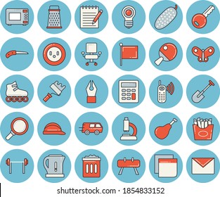 Thin line blue tinted icon set - paint roller flat vector, hard hat, electric kettle, microwave, grater, ham, cucumber, French fries, shovel, knife, butterflies, socket, magnifier, phone call, flag