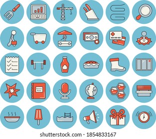 Thin line blue tinted icon set - crane flat vector, window, towel, knives, ketchup, soup, pie, ice cream, honeycomb, well, pitchfork, gumboots, bench, laser, cash, credit card, mouthpiece, present