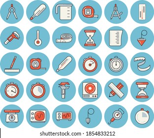 Thin line blue tinted icon set - tape measure flat vector, construction plummet, weighing machine, meashuring cup, spring balance, stopwatch, temperature, thermometer, trammel, dividers, centimeter