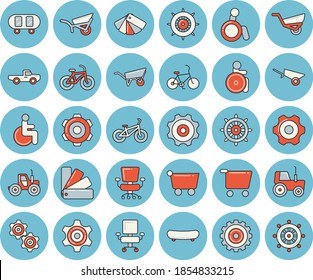 Thin line blue tinted icon set - wheelbarrow flat vector, cogwheel, color scheme, pickup truck, tractor, garden, grocery trolley, disabled, office chair, skateboard, bicycle, steering wheel