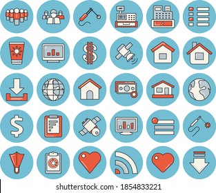 Thin line blue tinted icon set - house flat vector, welding, earth, graphic report, cash, dollar, team, machine, heart, computer chart, satellit, sun protection cream, flippers, menu, broadcast