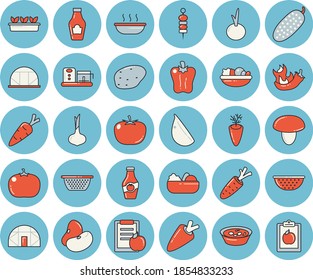 Thin line blue tinted icon set - colander flat vector, food processor, mushroom, potato, tomato, ketchup, legumes, onion, carrot, salad, soup, garlic, bell pepper, hot peppers, cucumber, canape