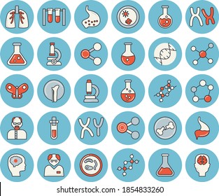 Thin line blue tinted icon set - butterflies flat vector, chemistry, molecules, medical analysis, DNA, chromosomes, bone fracture, stomach, lungs, flask, molecule, microscope, scientist, beakers