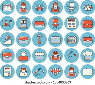 Thin line blue tinted icon set - builder flat vector, hammer, cook hat, construction worker, welding, case, team, calendar, briefcase, nurse, recruitment, office chair, contract, career ladder, user