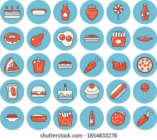 Thin line blue tinted icon set - ketchup flat vector, spaghetti, hamburger, hot dog, pizza, cupcake, cake, donut, porridge, pie, chicken, lollipop, bell pepper, French fries, scrambled eggs, mustard