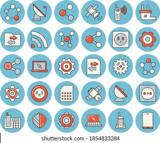 Thin line blue tinted icon set - cogwheel flat vector, sockets, socket, plug, satellite antenna, SIM card, molecules, phone call, telephone, laptop, molecule, satellit, security, share, broadcast
