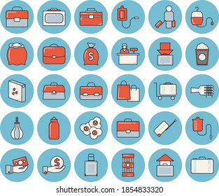 Thin line blue tinted icon set - tool bag flat vector, flour, groats, spaghetti, on a fork, popcorn, case, investments, wealth, bags, medical warmer, blood transfusion, briefcase, sports pear, get