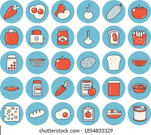 Juego de íconos de color azul claro - colador vector plano, tostadora, harina, papa, tomate, legumbres, cebolla, zanahoria, queso, pan, espagueti, ensalada, sopa, pepino, patatas fritas, huevos revueltos, mermelada
