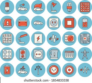 Thin line blue tinted icon set - sockets flat vector, energy saving lamp, switch box, electric kettle, stove, induction cooker, battery, accumulator, socket, power line support, eco cars, reading