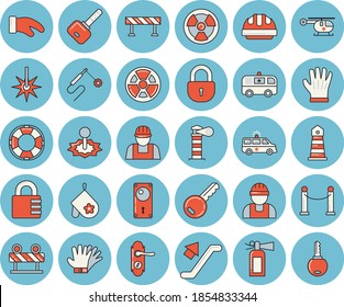 Thin line blue tinted icon set - builder flat vector, door lock, hard hat, barrier, potholder, gloves, radiation, laser, welding, lighthouse, ambulance, helicopter, VIP area, escalator, key