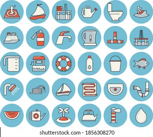 Thin line blue tinted icon set - sink flat vector, toilet, shower, pipes, warm floor, faucet, meashuring cup, teapot, electric kettle, fish, watermelon, well, hose, watering can, bucketful, sailboat