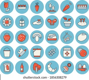 Thin line blue tinted icon set - rolling pin flat vector, spice, ear, lemon, croissant, mushroom, carrot, fish rolls, cranberry, Strawberry, blackberry, mustard, sandwich, seeds, home plant, tree