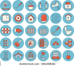 Juego de íconos de color azul claro - vectores planos de casa, escalera, inodoro, disposición, rascacielos, baldosas, reparación, espátula, cuchara de cocina, toalla, cocina de inducción, tostadora, mezclador, caldera doble, grúa