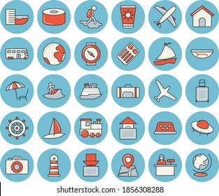 Thin line blue tinted icon set - canned food flat vector, lighthouse, sailboat, ufo, sport bag, earth, aircraft, train, bus, hike, hotel first line, get luggage, hand, sea beach, chaise lounge, taxi