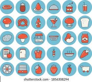 Thin line blue tinted icon set - colander flat vector, coffee grinder, double boiler, dish, mushroom, potato, legumes, carrot, bagel, bread, soup, chop, bell pepper, cocktail, soda, jam, Strawberry