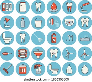 Dünne, blaue, getönte Ikonenset - Waschbecken, flache Vektorgrafik, Toilette, Bratpfanne, Handtuch, Teller, Pulverisierer, Rake, Strumpfhalter, Schlauchbewässerung, Windmühle, Tropfen, Glasflaschen, Zahn, Karies, Zahnkronen, Pool