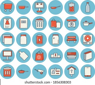 Leuchtend blaue, getönte Ikonenset - Schubkarre, Vektor, Bratpfanne, Saute, Waage, Schneidemaschine, Glasjar, Nistkasten, Bank, Batterie, Flaschen, Lebensmittelwagen, Plakatwand, Taschen, Badge