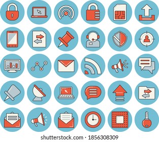 Juego de iconos de color azul claro - antena satelital vector plano, tarjeta SIM, público objetivo, operador de teléfono, gráfico disperso, boquilla, chat, computadora, laptop, cpu, seguridad, difusión, carga