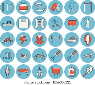 Thin line blue tinted icon set - whisk flat vector, grocery trolley, pills, barbell, diet, weighing machine, centimeter, bicycle, skipping rope, carpal expander, parallel bars, pear, fitball, yoga