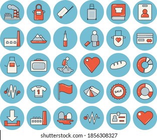 Thin line blue tinted icon set - color scheme flat vector, apron, cookbook, sauce, bread, factory, forest, manufactory, credit card, flag, sell out, heart, clircle diagram, badge, sport T shirt