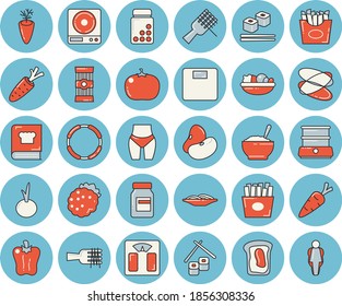 Thin line blue tinted icon set - weighing machine flat vector, double boiler, cookbook, spaghetti, legumes, on a fork, salad, porridge, carrot, onion, bell pepper, tomato, French fries, fish rolls