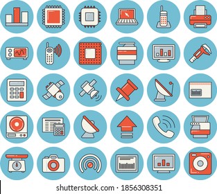 Juego de iconos de color azul claro - calculadora vector plano, pesador, trampolín, antena satelital, placa base, llamada telefónica, código de barras, gráfico informático, estadística, teléfono, impresora, copia, portátil