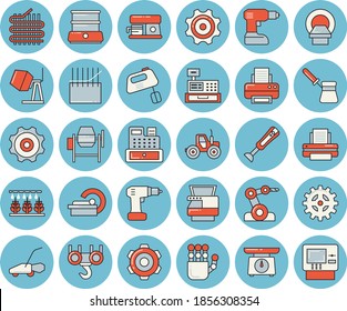 Juego de íconos de color azul claro - gancho vector plano, mezclador de hormigón, rueda cognoscitiva, destornillador, pesador, pavo, caldera doble, mezclador, café, tractor, rociador, cortadora de césped, efectivo, impresora