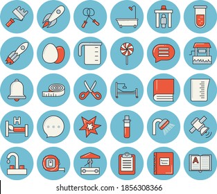Thin line blue tinted icon set - faucet flat vector, tape measure, paint roller, shower, meashuring cup, scissors, egg, lollipop, well, rocket, blood test, clipboard, hospital bed, book, satellit