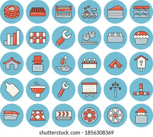 Juego de íconos de color azul claro - vectores planos de fregadero, tuberías, baldosas, ladrillo, suelos, tablero de corte, quequitos, trozo de torta, rollos de pescado, tortitas, caja de nidificación, ventilación, soporte de línea de alimentación, transportador