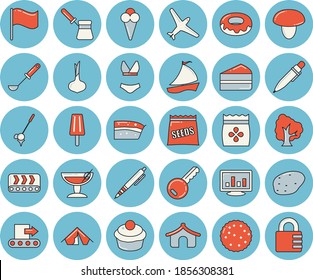 Thin line blue tinted icon set - ladle flat vector, turk, mushroom, potato, onion, cupcake, piece of cake, donut, ice cream, biscuit, seeds, tree, conveyor, flag, sailboat, computer chart, pen, tent