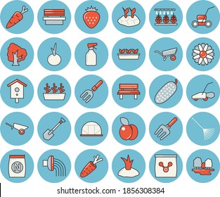 Thin line blue tinted icon set - wheelbarrow flat vector, onion, cucumber, Strawberry, plum, fertilizer vectory, nesting box, carrot, tree, flower, pulverizer, sprinkling machine, pitchfork, shovel