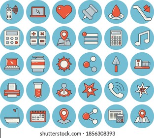 Thin line blue tinted icon set - trowel flat vector, shower, calculator, food processor, sun, drop, laser, location, phone call, blood test, heart, calendar, printer, copy machine, laptop, spark