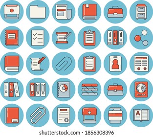Thin line blue tinted icon set - news flat vector, book balance accounting, clipboard, briefcase, notebook, clip, computer file, folder, to do list, paper tray, copy machine, archive, contract, pass