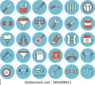 Thin line blue tinted icon set - crane flat vector, hook, saw, fence, stationery knife, teflon, electric kettle, kitchen spatula, knives, scissors, toaster, table setting, shovel, oil tanks, welding