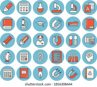 Juego de íconos de color azul delgado - calculadora vector plano, imán, marcador, microscopio, análisis médico, cuaderno, abacus, lápiz de tinta, libro, grapadora, lápiz, globo, tapa de soltero, científico, fector cerebral