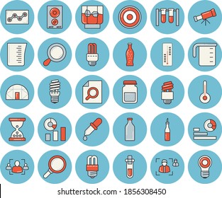 Thin line blue tinted icon set - energy saving lamp flat vector, meashuring cup, induction cooker, temperature, sauce, lemonade, whiskey, thermometer, greenhouse, glass bottles, magnifier, pipette