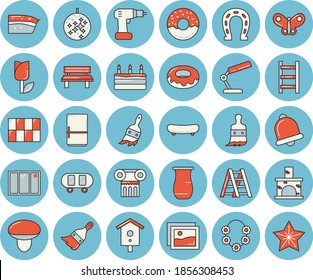 Thin line blue tinted icon set - window flat vector, drill screwdriver, ladder, paint brush, tile, fridge, jugful, piece of cake, donut, mushroom, nesting box, horseshoe, tulip, butterflies, bench